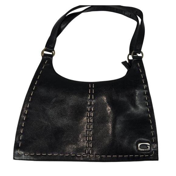 Y2K Guess Black Leather Shoulder Bag Thick Stitching Double Zip Pockets - Picture 1 of 6
